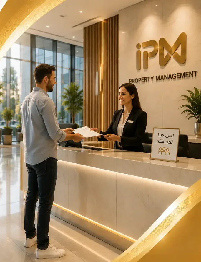 Tenant handing over documents at an IPM property management reception desk