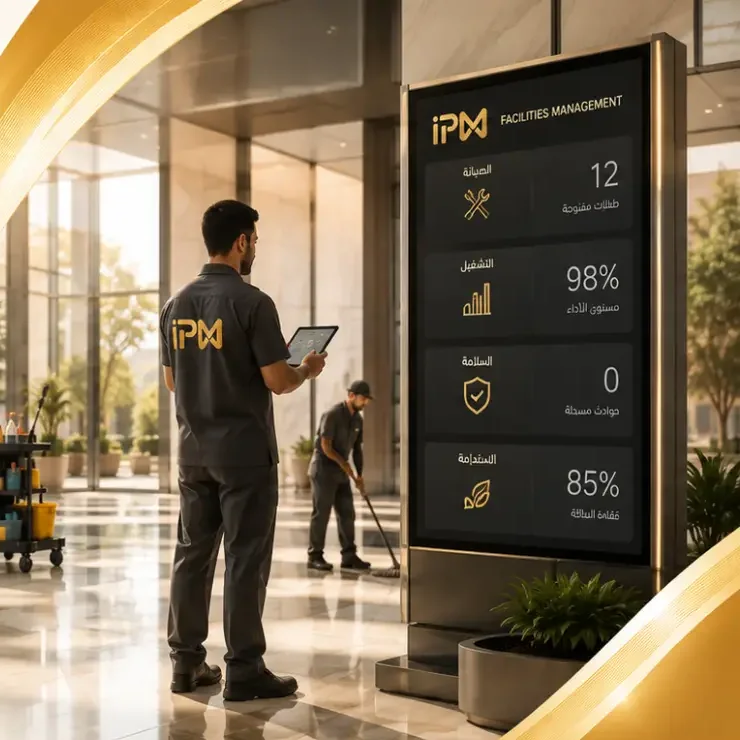 Facilities team member tracking building services on a tablet in a commercial lobby