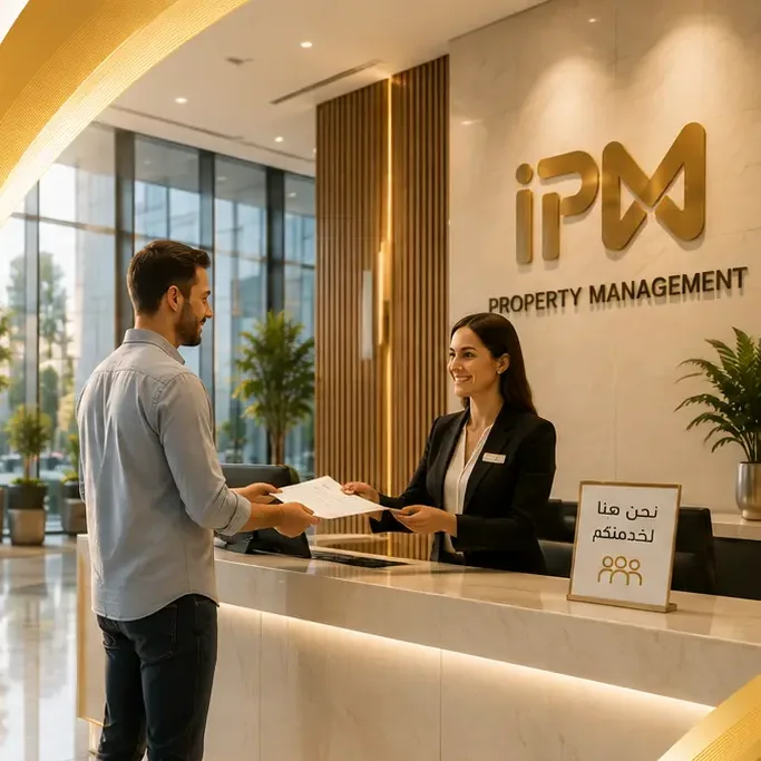 Tenant handing over documents at an IPM property management reception desk